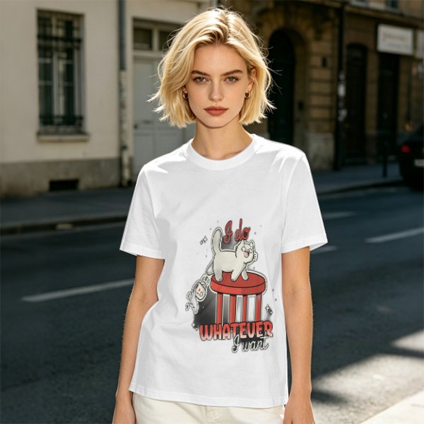 Olive graphic tee with a white cat on a stool and the text I do whatever I want