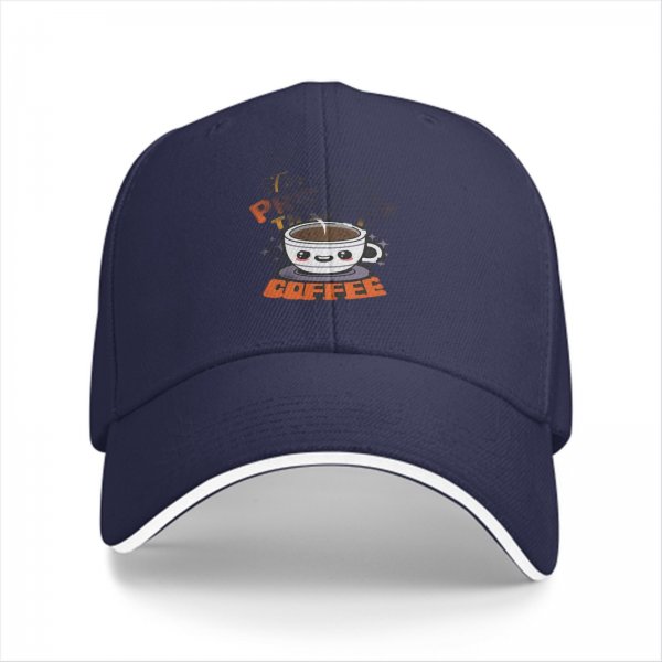 Black baseball cap with cute coffee cup and coffee text print
