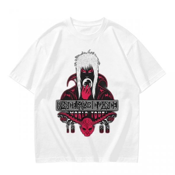 Olive graphic tee with dark fantasy character and tour print