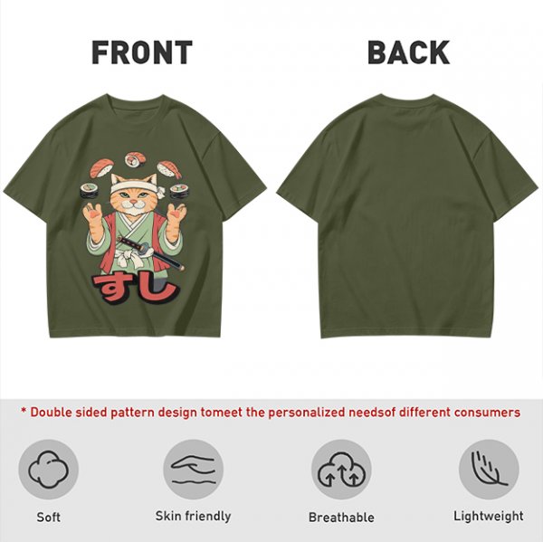 Olive T-Shirt With Cat Sushi Chef Juggling Sushi Print