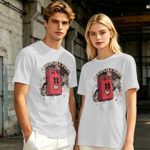 Olive T-Shirt with Retro Cartoon Gas Can 'Aged Like Fine' Print
