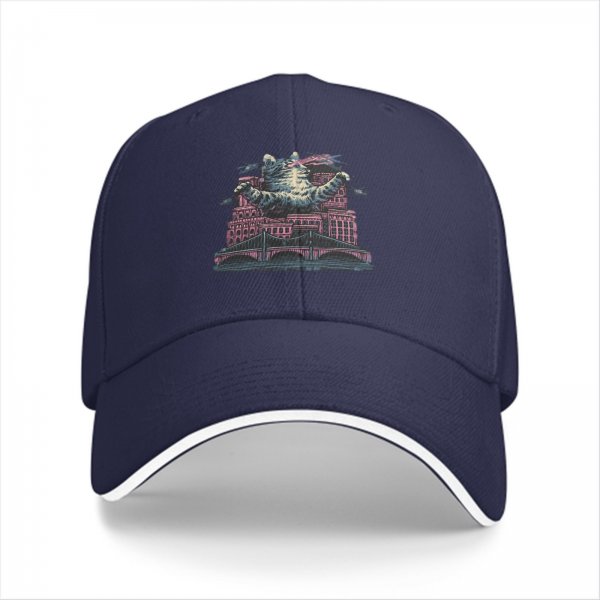 Black Baseball Cap With Giant Monster Cat Cityscape Art Print