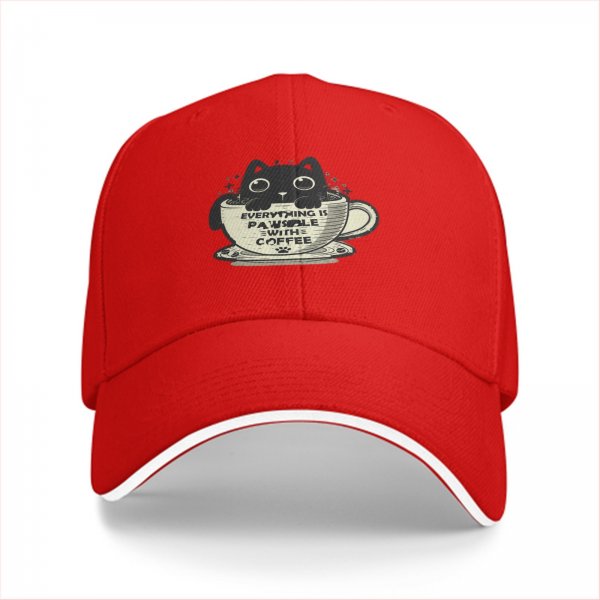 Black Baseball Cap With Cat In Coffee Cup 'Everything Is Pawsible With Coffee' Print