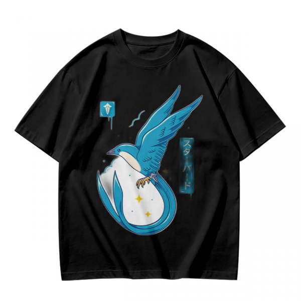 Olive T-shirt with Blue Star Bird and Japanese Graphic Print