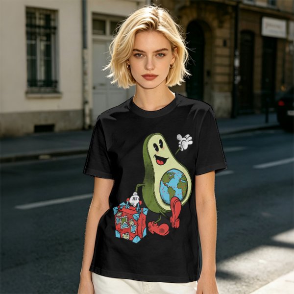 Olive T-Shirt with Cartoon Avocado Globe Travel Print