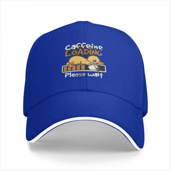 Black baseball cap with caffeine loading duck graphic
