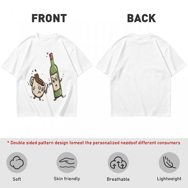 Olive T-Shirt With Cartoon Coffee Mug And Wine Bottle Print