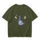 Olive green graphic t-shirt with cartoon pigeon print