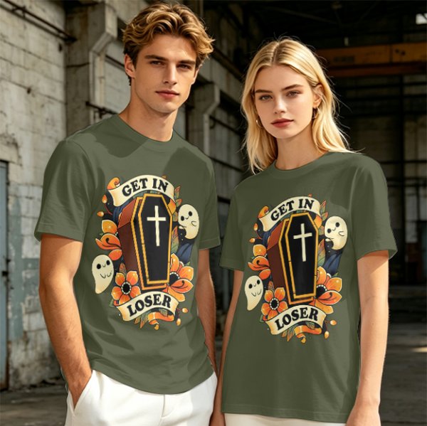 Olive Halloween T-Shirt with Get In Loser Coffin Ghost Floral Art