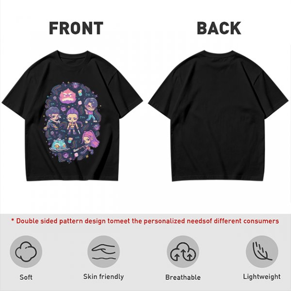 Olive T-shirt with Chibi Fantasy Characters and Whimsical Art Print