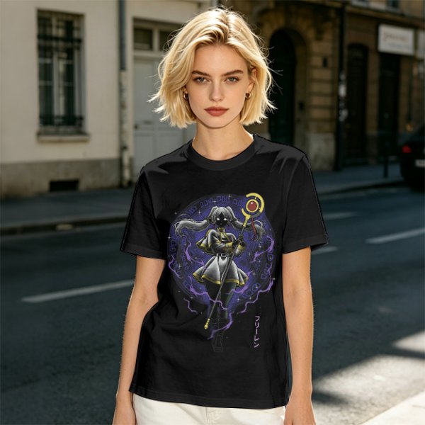 Olive T-shirt with dark anime elf mage holding staff and purple magic circle print