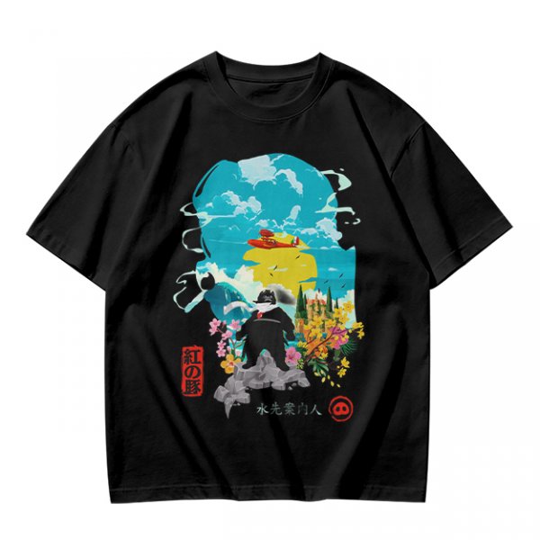 Olive T-shirt with anime pig pilot and seaplane graphic