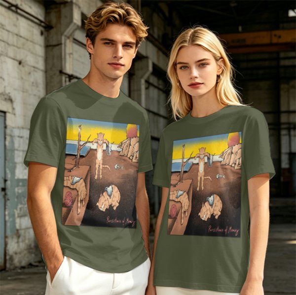 Olive T-Shirt With Surreal Cat Art Print