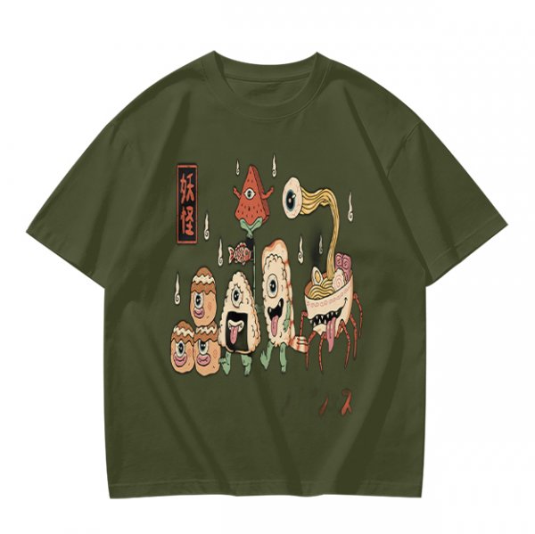 Olive T-Shirt with Japanese Food Monster Yokai Art Print