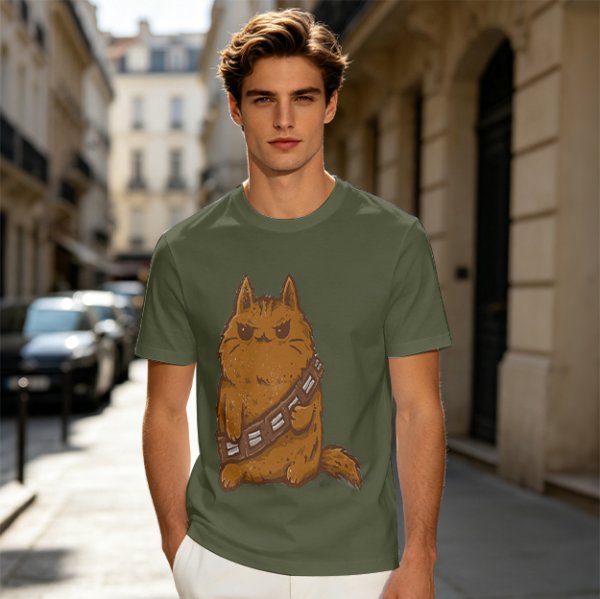 Olive green t-shirt with a grumpy cat in a Chewbacca-style bandolier print