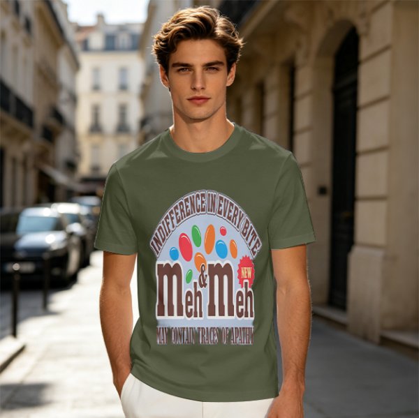 Meh and Meh novelty graphic t-shirt with indifference themed print