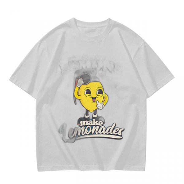 Olive green t-shirt with cheerful lemon mascot graphic and make lemonades text
