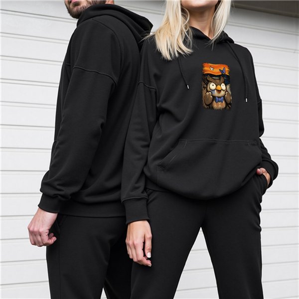 Black hoodie with a surprised cartoon owl graphic print