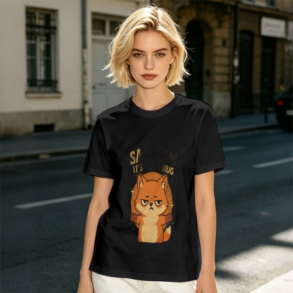 Olive green t-shirt with grumpy fox offering a hug graphic