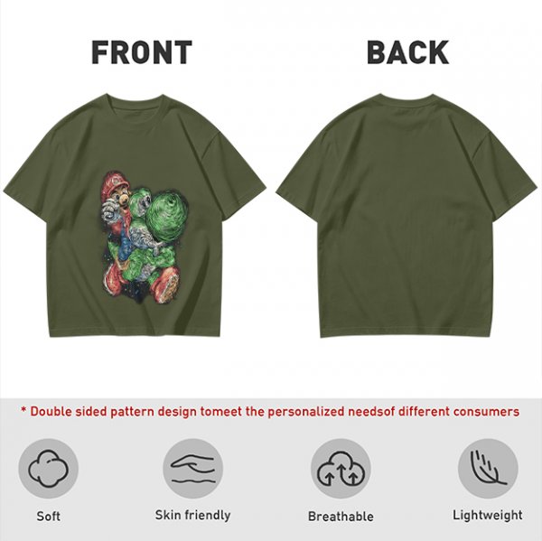Olive T-shirt with Mario and Yoshi artistic graphic print