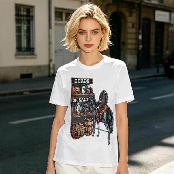Heads On Sale Graphic Tee With Head Shelf And Horseman Art