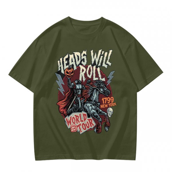 Olive graphic t-shirt featuring Headless Horseman 'Heads Will Roll World Tour' print