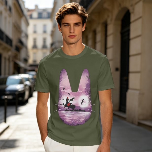 Olive T-Shirt With Witch Riding Broom Silhouette In Bunny Outline