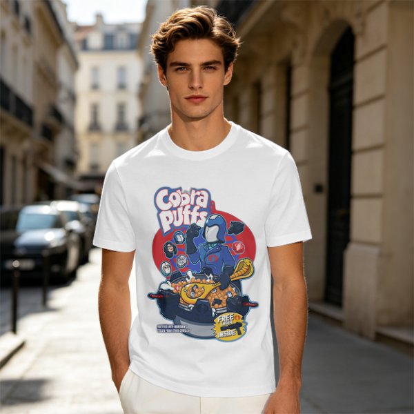 Cobra Puffs Cereal Parody T-Shirt with Villain Graphic