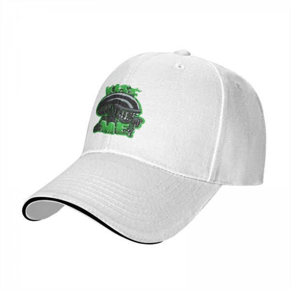 Black baseball cap with alien graphic and 'Kiss Me' text