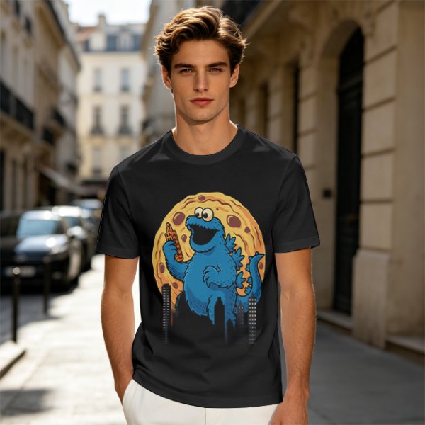 Olive T-Shirt Featuring Giant Cookie Monster Holding Cookie Against Moon