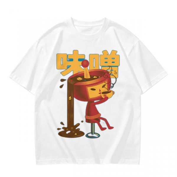 Olive green t-shirt with whimsical miso character graphic print