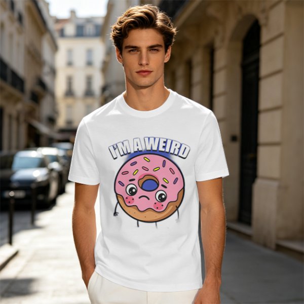 Olive green t-shirt with sad donut graphic and 'I'M A WEIRD' text