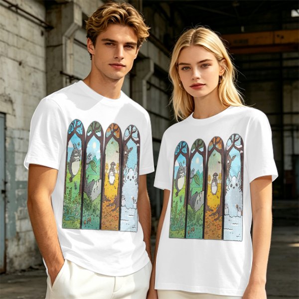 Olive T-Shirt With Stained Glass Style Four Seasons Forest Creature Art