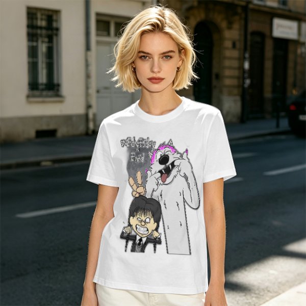 Olive graphic tee with Wednesday and Enid cartoon wolf design