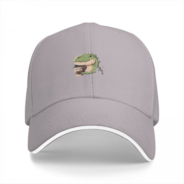 Black baseball cap with cute T-rex holding coffee graphic