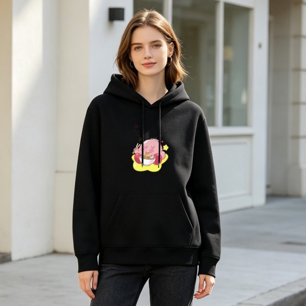 Black hoodie featuring Kirby eating ramen on a yellow star