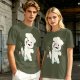 Olive T-Shirt With Angry Fluffy White Creature Swatting At Bee Print