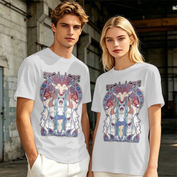 Olive green t-shirt with stained glass style forest spirit anime artwork