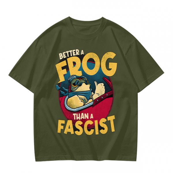 Olive graphic t-shirt with 'Better a Frog Than a Fascist' pilot frog design