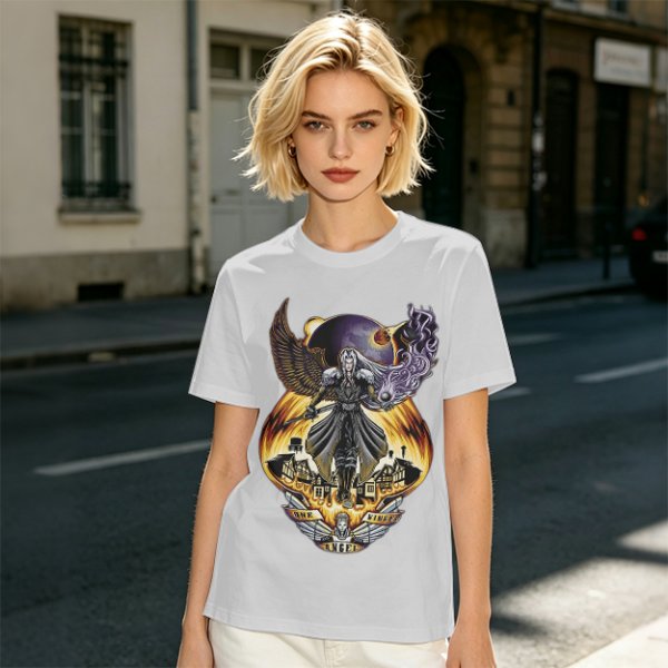 Olive T-shirt with dark fantasy winged warrior graphic print