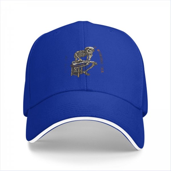 Black baseball cap with skeleton sitting on stool graphic
