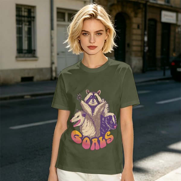 Olive Graphic T-Shirt With Raccoon Opossum Skunk 'GOALS' Print