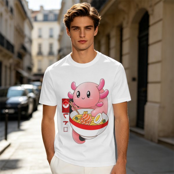 Olive T-Shirt Featuring a Cute Pink Axolotl Eating Ramen