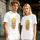 Olive green graphic t-shirt with dumpling pun and steamer illustration