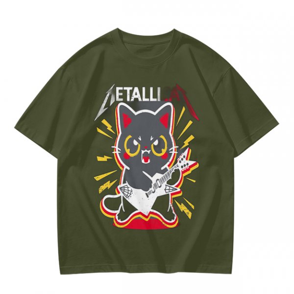 Olive green graphic t-shirt with a cartoon metal cat playing guitar