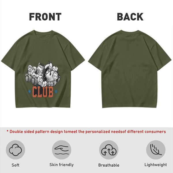 Olive T-Shirt With Cartoon Characters And 'CLUB' Graphic Print