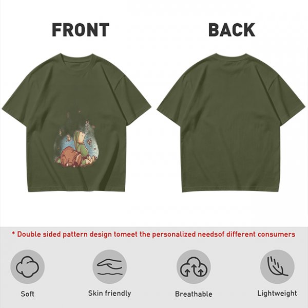 Olive green t-shirt with whimsical elf and dog artwork