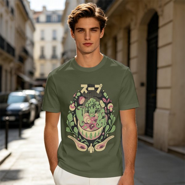 Olive green t-shirt with playful vegetable soup graphic print