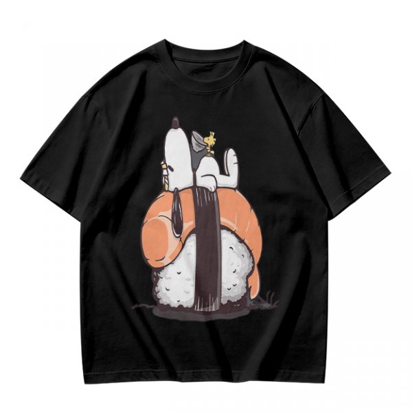 Olive t-shirt with Snoopy and Woodstock sushi print
