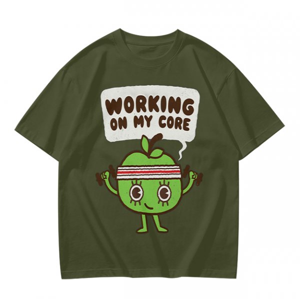 Olive green t-shirt with cartoon apple lifting dumbbells and 'Working on my core' text